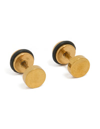 Presenting mens waterproof gold plated stainless steel round flat back studs front view - link has visual effect only