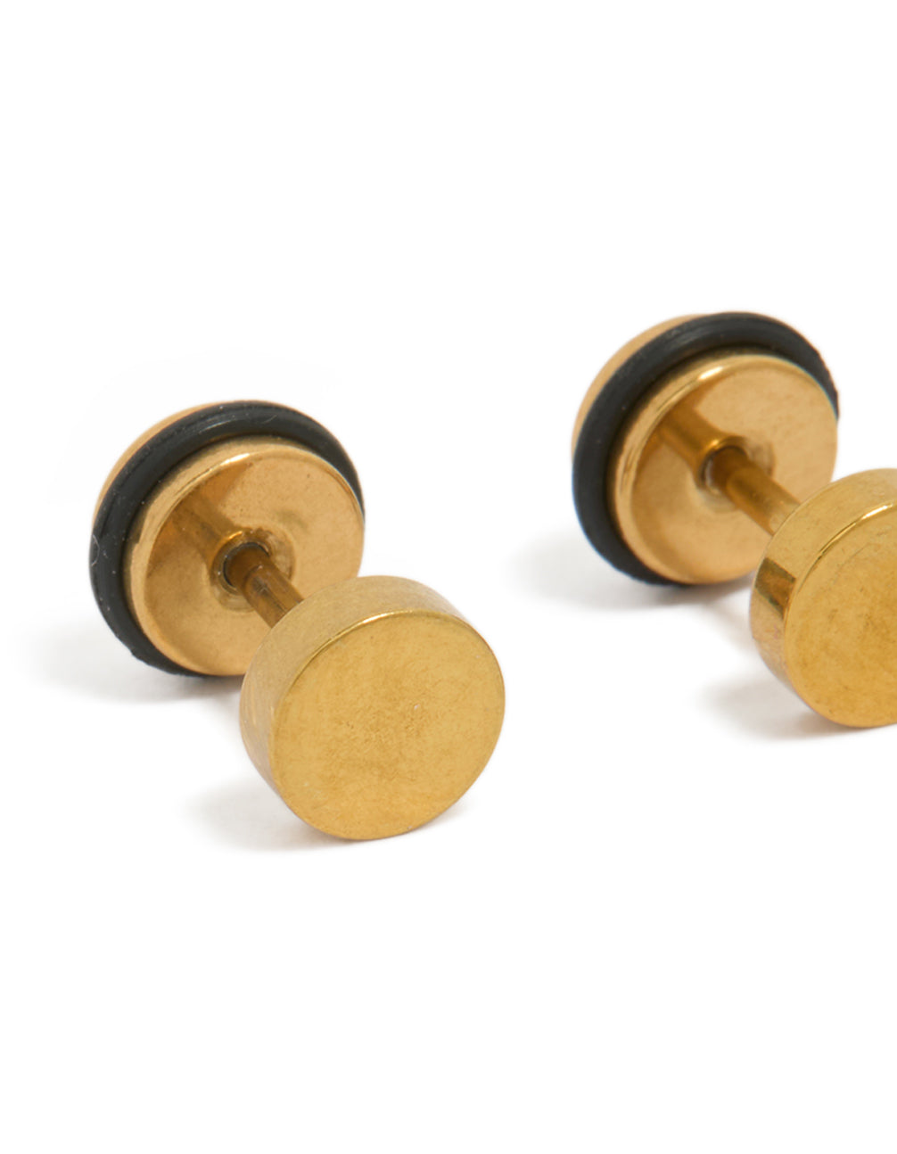 Featuring mens waterproof gold plated stainless steel round flat back studs close up view
