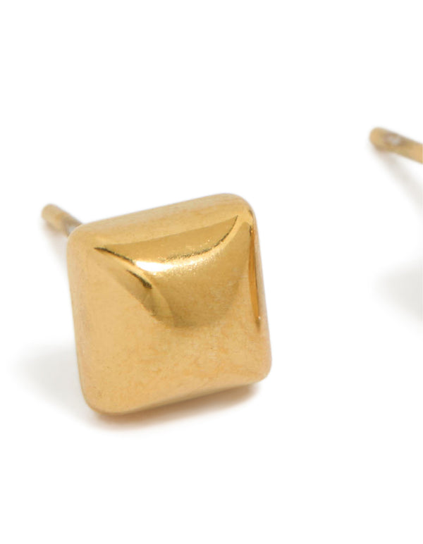 Displaying waterproof gold plated stainless steel square stud earrings close up view