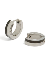 Showcasing statement huggie earrings crafted from waterproof stainless steel with enamel inlay in silver and black front view - link has visual effect only