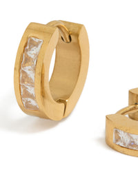Highlighting mens waterproof square cubic zirconia huggie earrings crafted from gold plated stainless steel in a close up view - link has visual effect only