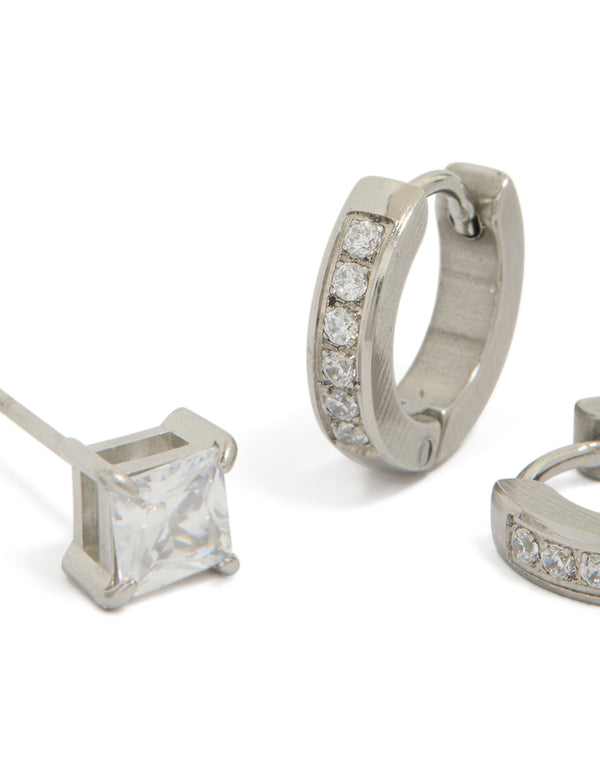 Crafted from mens waterproof stainless steel square cubic zirconia and huggie earrings in a 2-pack with crystal accents, hoop closures, and silver tone close up view