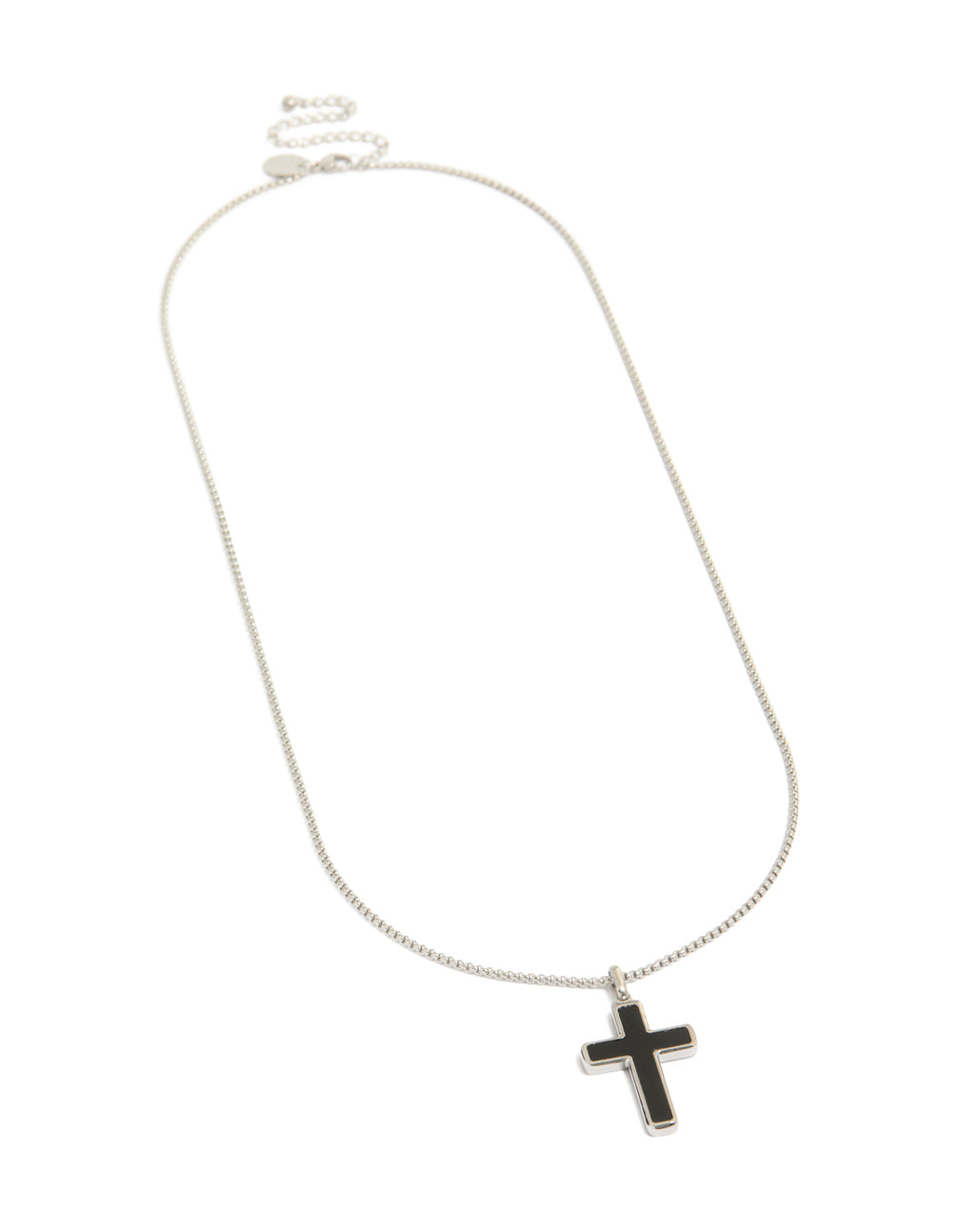 Featuring a mens waterproof stainless steel black enamel cross necklace with pendant front view