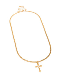 Featuring a mens waterproof gold plated stainless steel cubic zirconia detailed long cross necklace with pendant front view - link has visual effect only