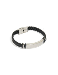 Showcasing a mens waterproof bar bracelet crafted from stainless steel with braided black PU leather band and silver accents front view - link has visual effect only