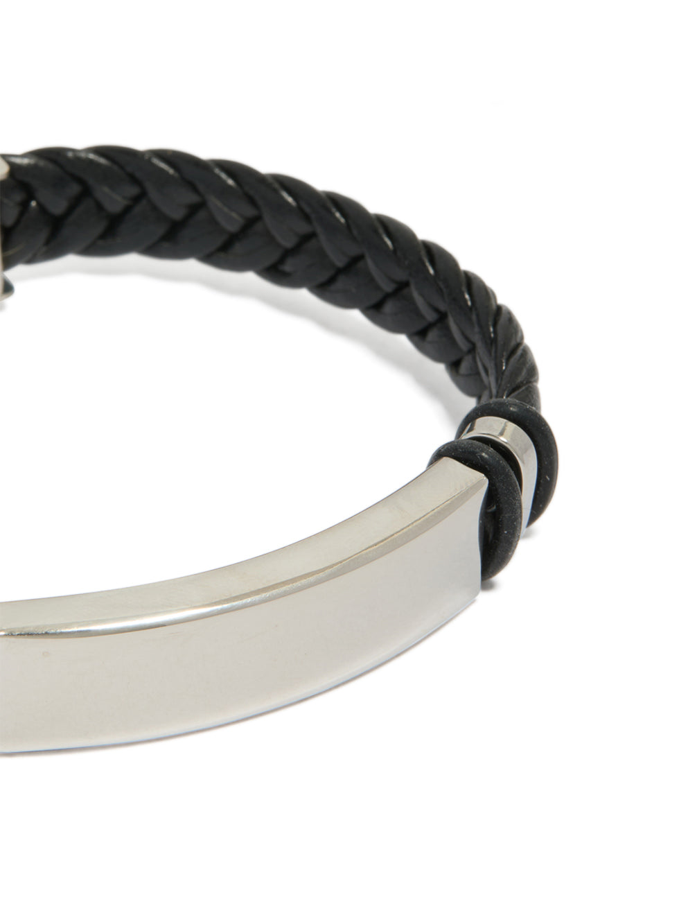 Displaying a mens waterproof bar bracelet in stainless steel with braided black PU leather band close up view