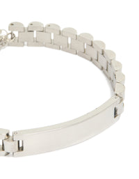 Crafted from waterproof stainless steel, this mens large link chain bracelet with bar detail in silver close up view - link has visual effect only