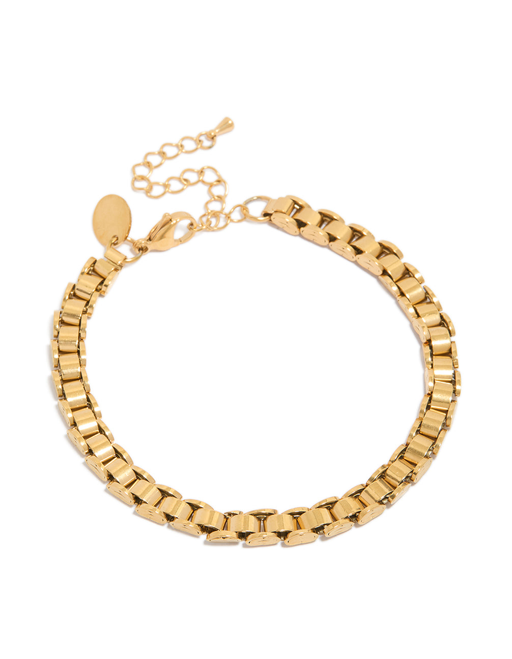 Showcasing a waterproof stainless steel chain link watch bracelet in gold plated finish front view