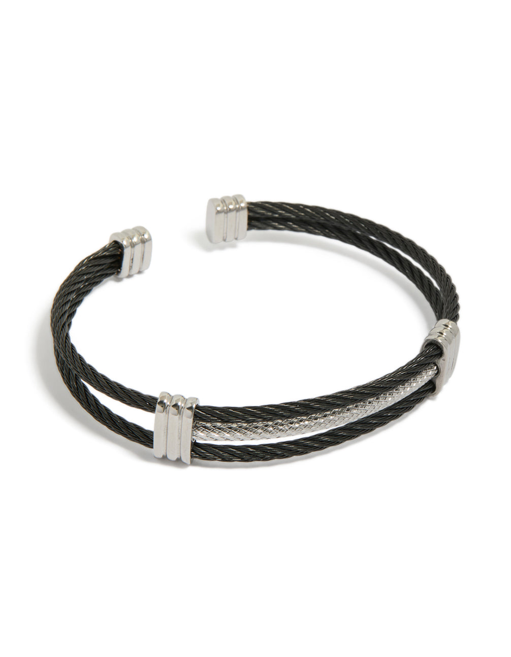 Showcasing a mens waterproof stainless steel black and silver wire twisted wrist cuff bracelet front view