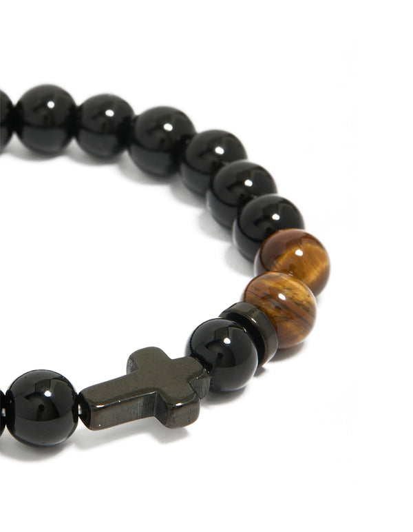Mens Waterproof  Black Coated Stainless Steel Black Cross  & Tigers Eye Semi Beaded Cross Bracelet