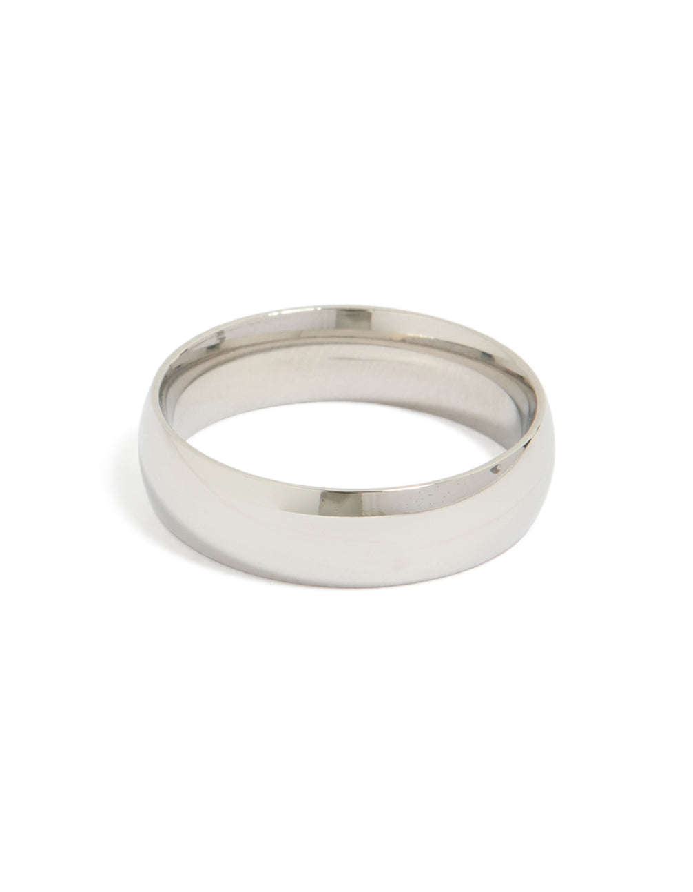 Featuring a mens waterproof stainless steel smooth band ring in silver front view