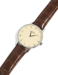 This vintage style mens watch features a snake skin textured brown leather strap with white roman numeral dial and round shape crafted from PU material for formal occasions in analog format watch face detail view - link has visual effect only