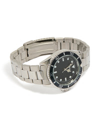 Featuring a men's silver watch with numbers, black dial, round shape, formal occasion, link band strap, and analog type front view - link has visual effect only