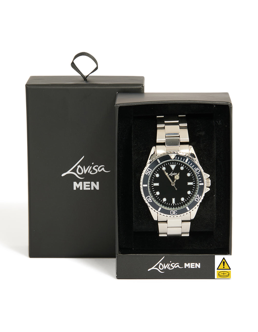Men's analog watch with black round dial and link-band strap in silver for sports occasions displayed in packaging case detail view