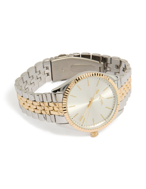 Beautifully crafted mens mixed metal etched link classic watch featuring white dial, round shape, formal occasion design, multi-color link band strap, analog type front view