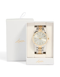 Elegantly designed mens mixed metal etched link classic watch in white dial with round shape, formal occasion, multi-color link band, analog type case detail view - link has visual effect only