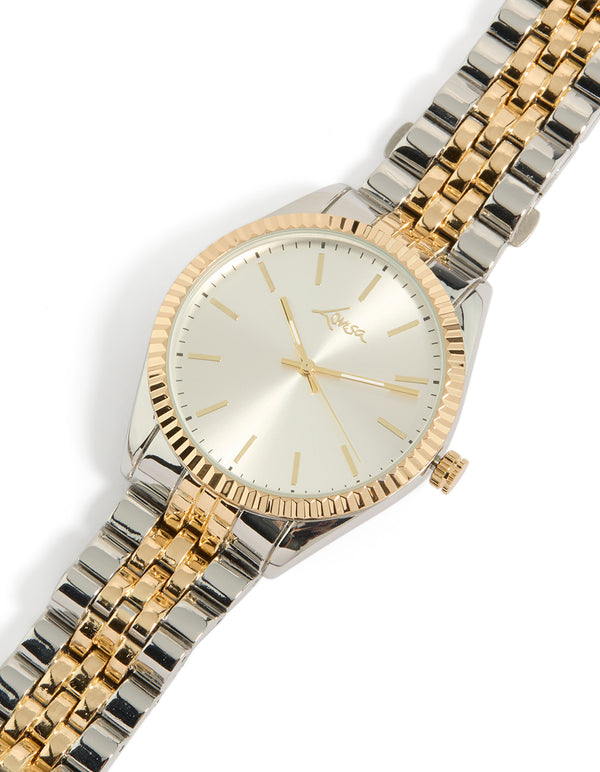 Discover the mens mixed metal etched link classic watch with white dial, round shape, formal occasion styling, link band strap in multi-color, analog type watch face detail view