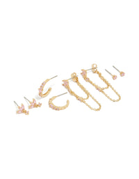 Showcasing gold plated light pink cubic zirconia stacker earrings 4-pack featuring with Marquise cut crystals and hoop closure front view - link has visual effect only
