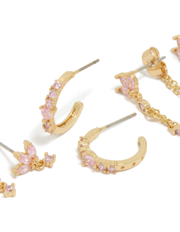 Featuring gold plated light pink cubic zirconia stacker earrings 4-pack with Marquise cut crystals in hoop closure close up view