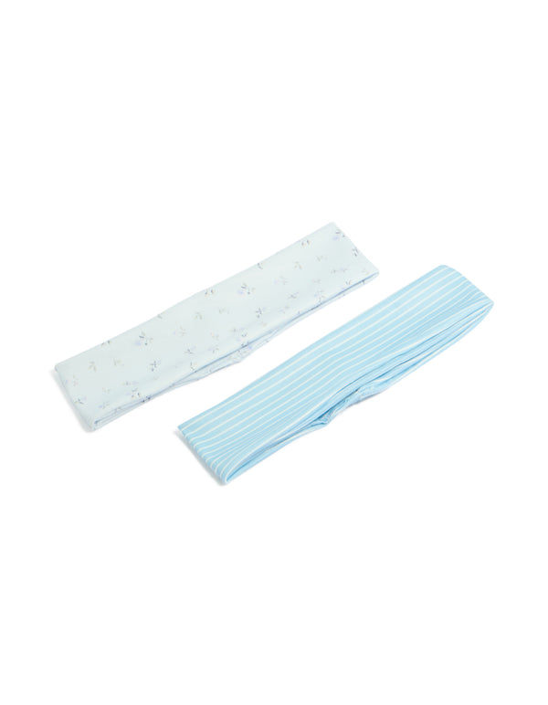 Showcasing floral and striped stretch headbands pack in light blue, white, and powder blue front view