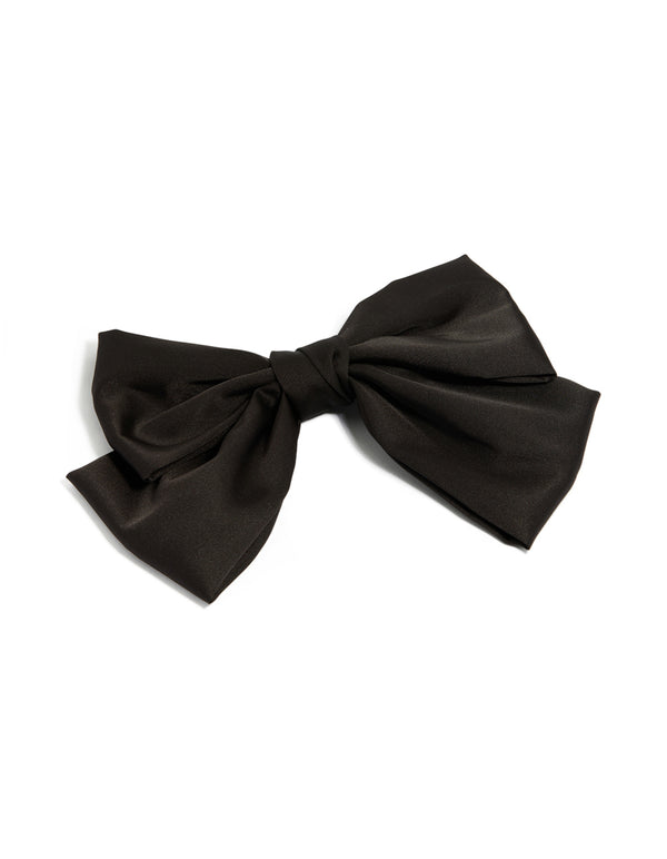 Showcasing a relaxed bow clip with medium satin in solid black front view