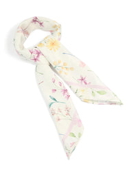 Showcasing a white and pink flower print fabric scarf featuring floral patterns with leaf accents in ivory light pink moccasin and pale green tones front view - link has visual effect only
