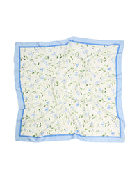 Showcasing a white fabric scarf with blue floral print and leaf details in sky blue light green and forest green colors front view - link has visual effect only