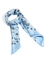 Showcasing a pale blue printed paisley fabric scarf featuring leaf accents in light sky blue, white, and black front view - link has visual effect only