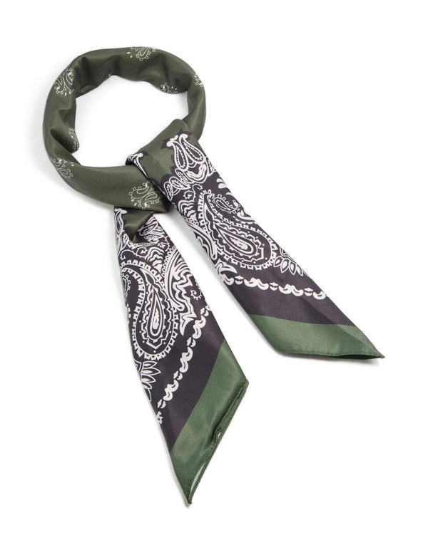 Showcasing an olive green deco paisley fabric scarf with white accents front view