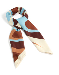 Showcasing a pale blue chocolate brown surreal swirl scarf with abstract print in ivory and peru tones front view - link has visual effect only