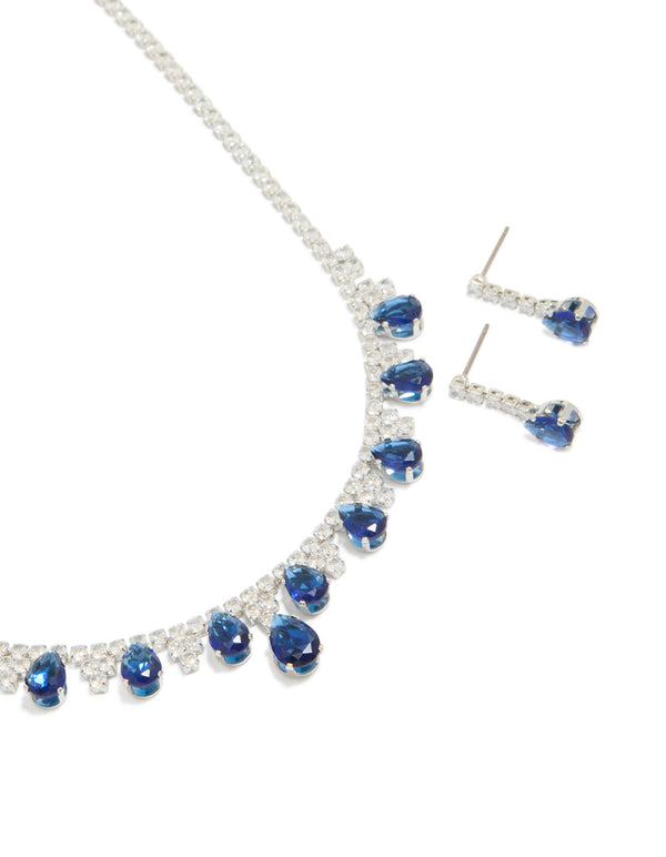 Silver Dark Blue Cubic Zirconia  Necklace & Earrings Set