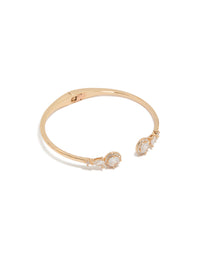 Gold Cubic Zirconia Hinged Circle Open Front Wrist Cuff - link has visual effect only