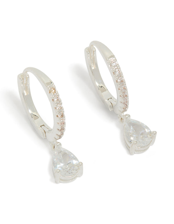 Silver Plated Cubic Zirconia Pear Drop Hoop Earrings