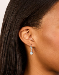 Featuring waterproof stainless steel sleek drop earrings with round cubic zirconia in silver on ear view - link has visual effect only
