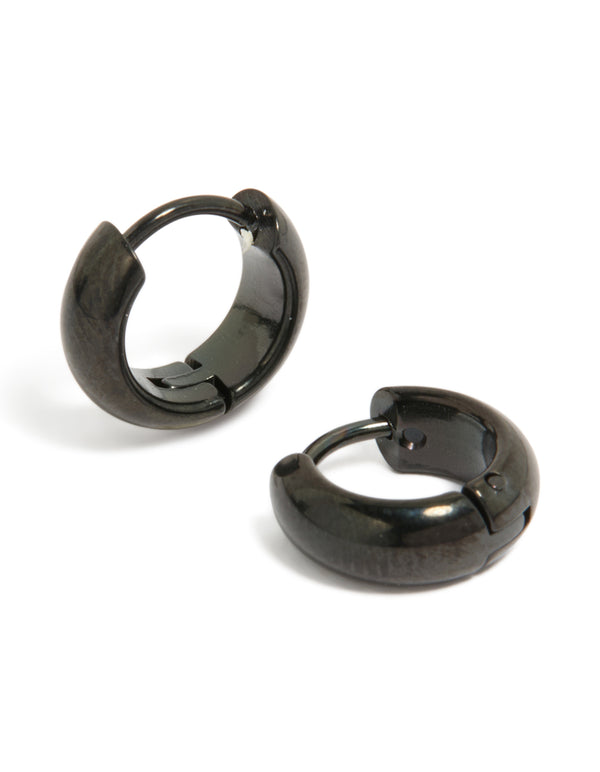 Crafted from waterproof black coated stainless steel, these chunky huggie earrings front view