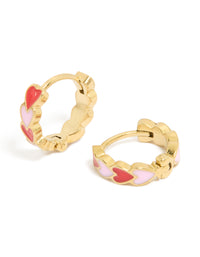 Showcasing waterproof gold plated stainless steel red and pink enamel heart huggie earrings in coral and gold front view - link has visual effect only