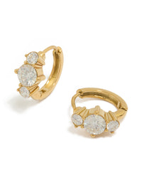 Showcasing dainty trio mini huggie earrings crafted from waterproof gold plated stainless steel with cubic zirconia front view - link has visual effect only