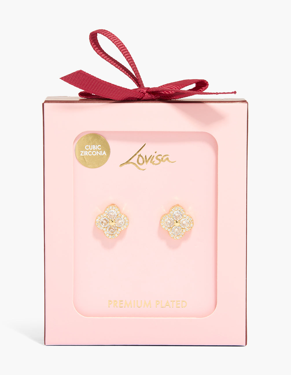 Beautifully crafted gold plated cubic zirconia flower detail stud earrings in a premium gift box front view
