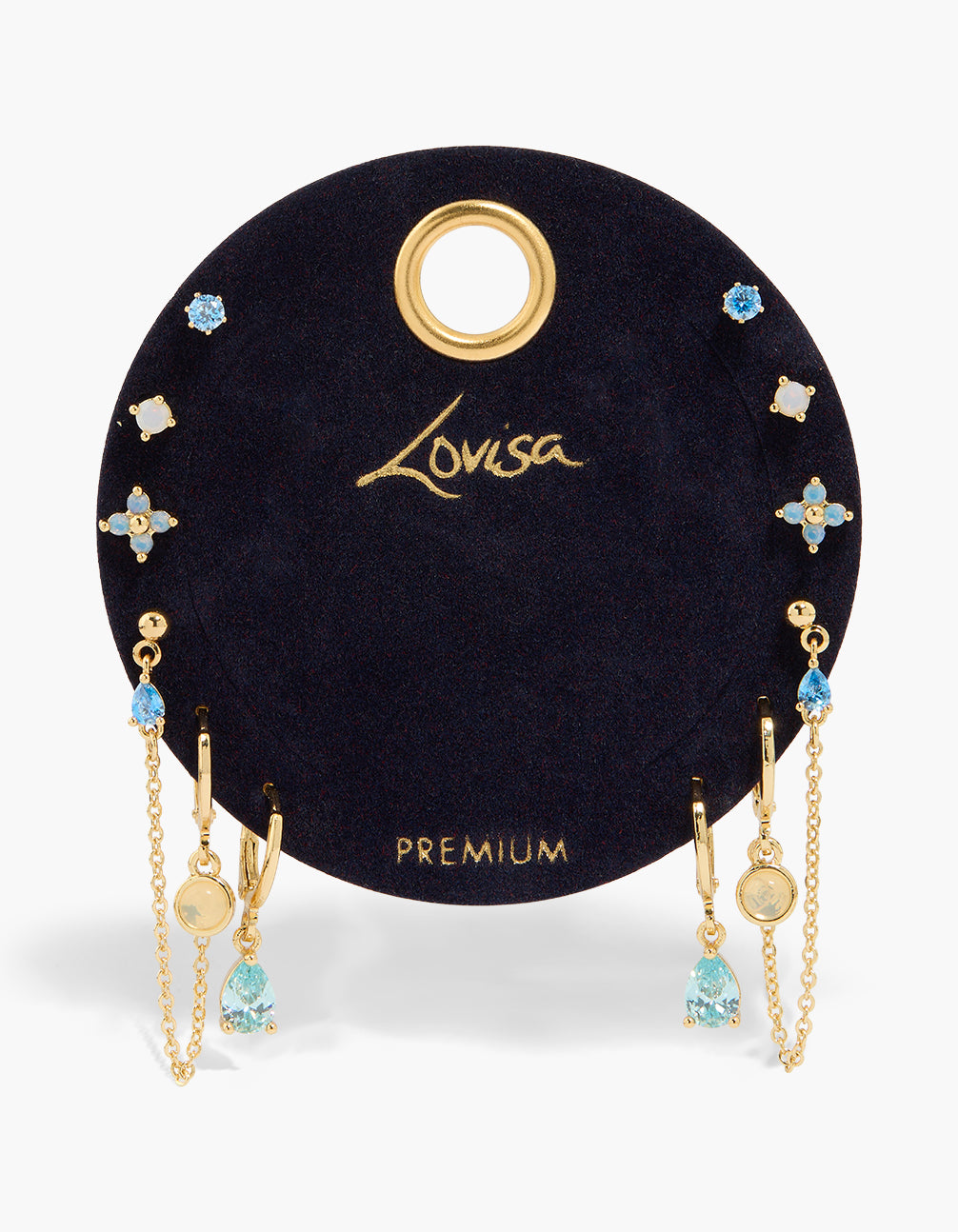 Highlighting gold plated blue cubic zirconia flower and bezel earrings in a 6-pack with floral crystal huggie stud closures close up view