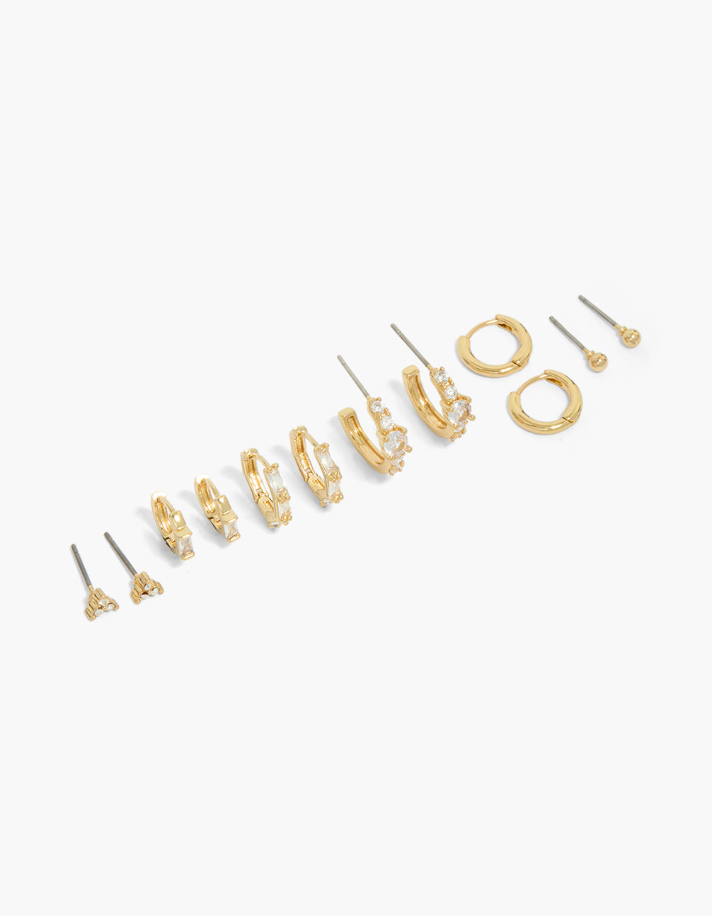 Discover this gold plated cubic zirconia huggie and stud earrings 6-pack featuring baguette stone cut front view