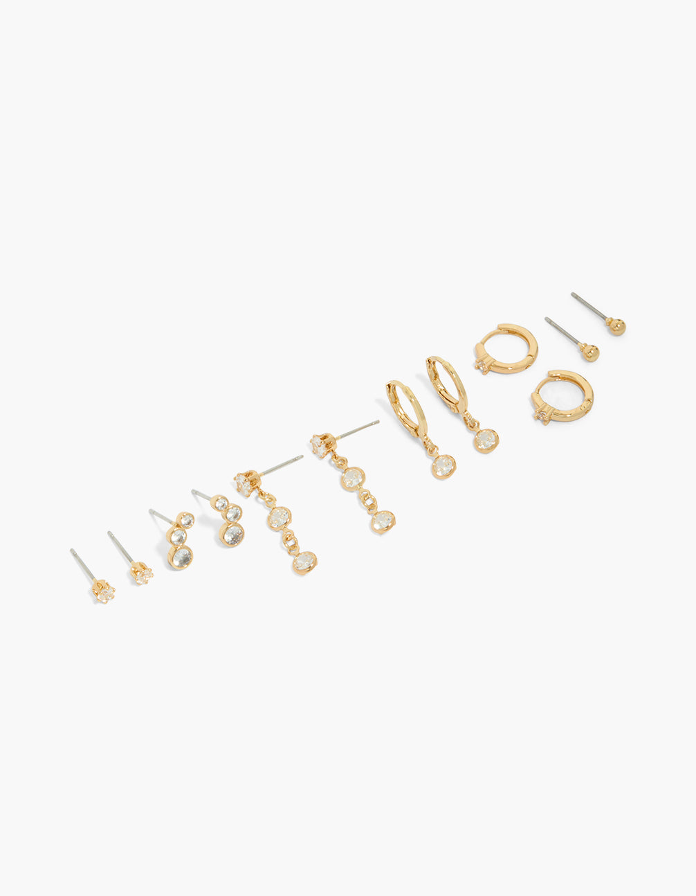 Showcasing gold plated cubic zirconia bezel stud and huggie earrings 6-pack with crawler style, crystal features in a front view