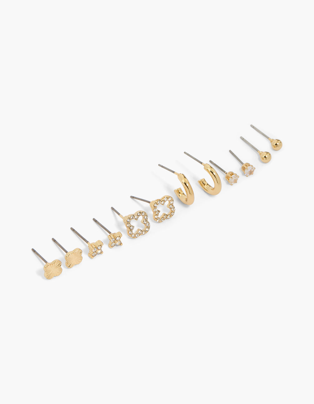 Showcasing a 6-pack of floral and ball stud earrings crafted from gold plated crystal and cubic zirconia front view