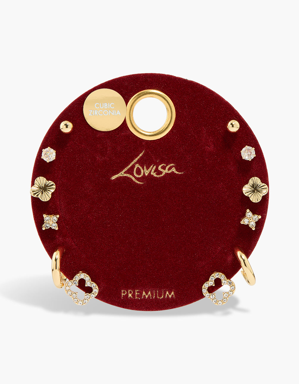 Presenting a 6-pack of floral, ball stud earrings with gold plated crystal and cubic zirconia close up view