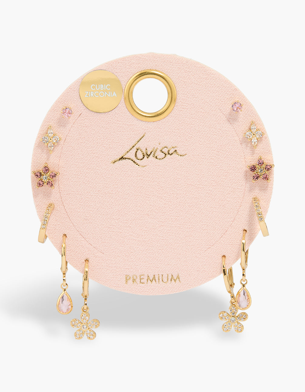 Featuring gold plated pink cubic zirconia and flower earrings 6-pack with floral crystal huggie stud closures on packaging close up view