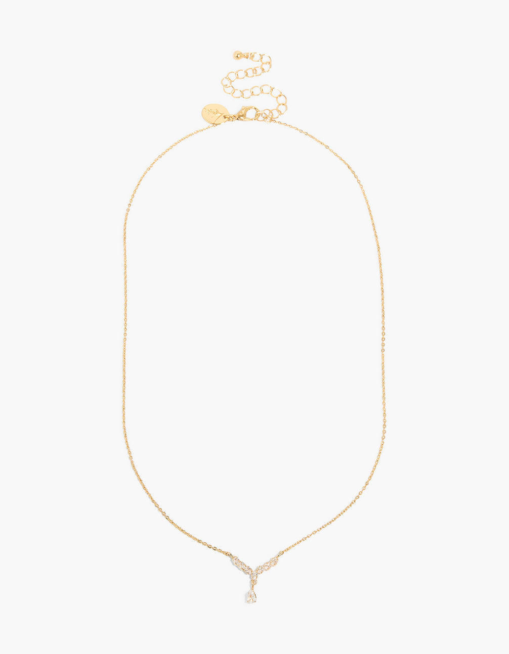 Showcasing a gold plated cubic zirconia V-neck pendant necklace front view
