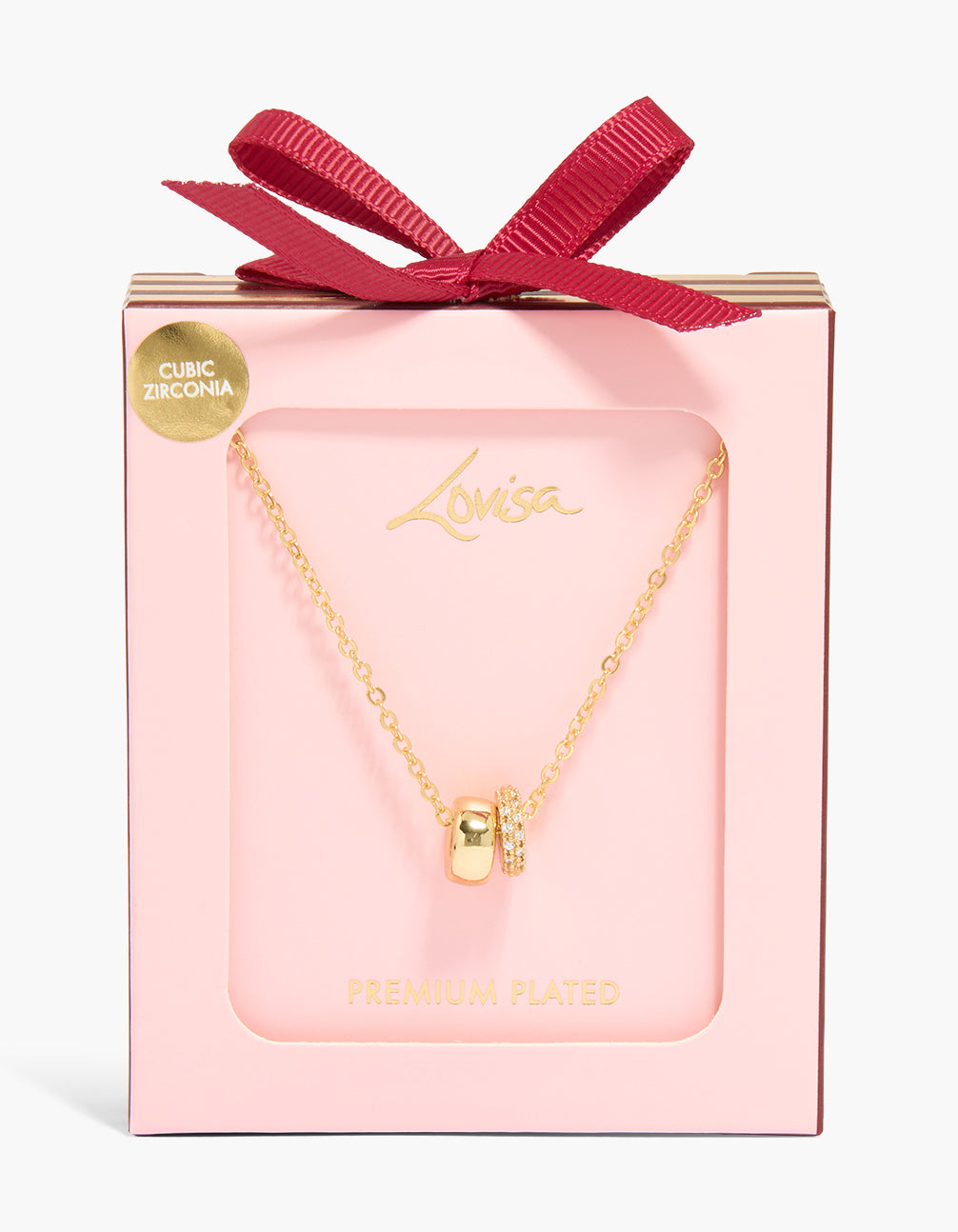 Showcasing a gold plated cubic zirconia circle pendants necklace with charm, crystal, and pendant features close up view
