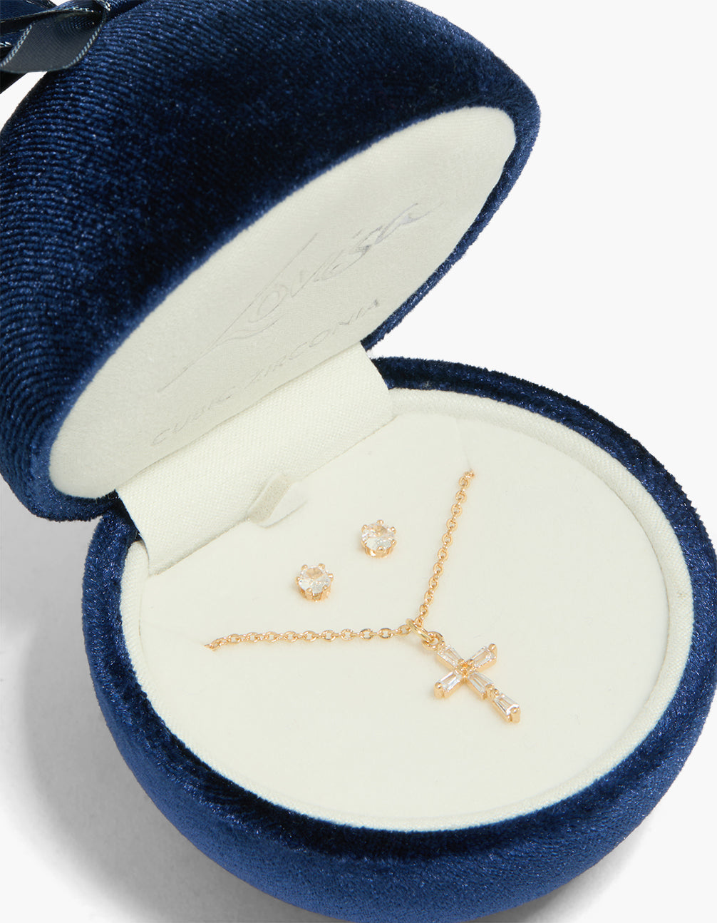 Gold Cubic Zirconia Cross Stud Earrings & Necklace Set