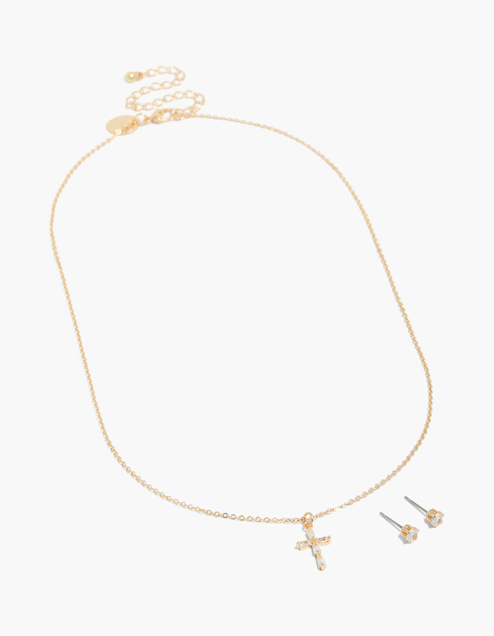 Gold Cubic Zirconia Cross Stud Earrings & Necklace Set