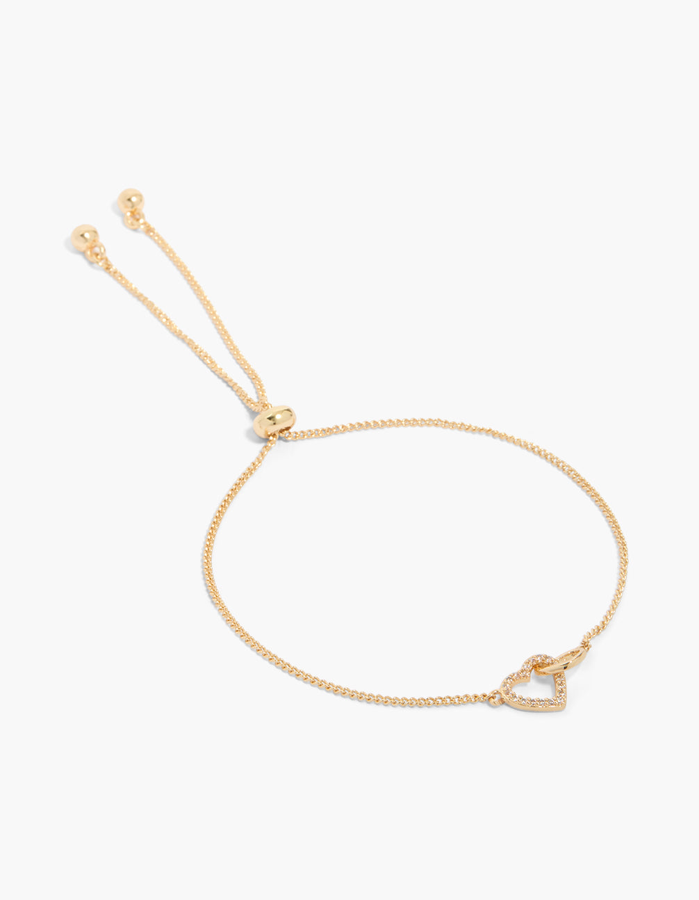 Showcasing a gold cubic zirconia heart link chain bracelet with dainty design front view