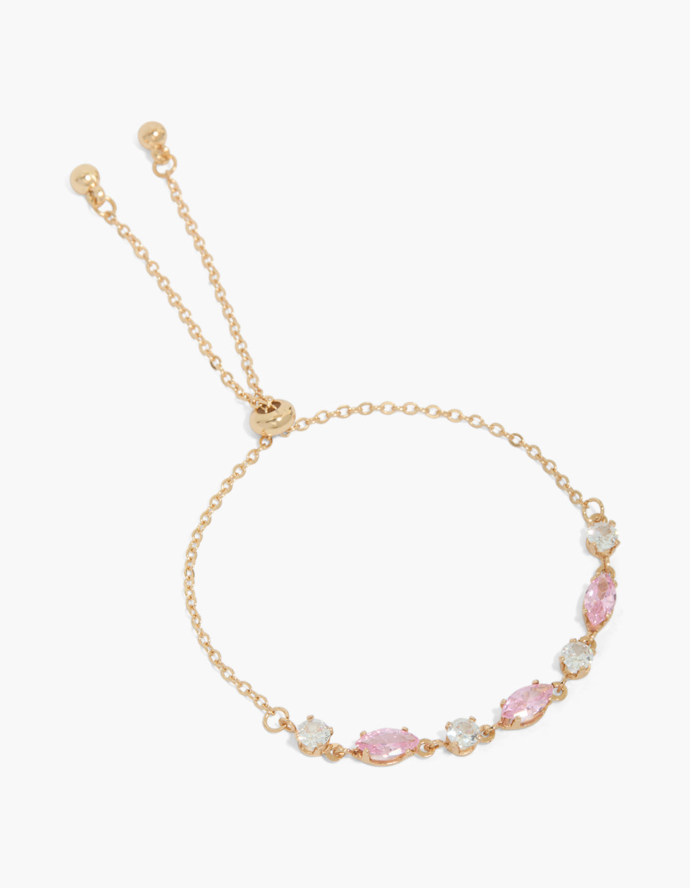 Presenting a Gold Pink Cubic Zirconia Oval & Circle Bracelet designed with clear stones crafted from cubic zirconia and oval stone cut front view